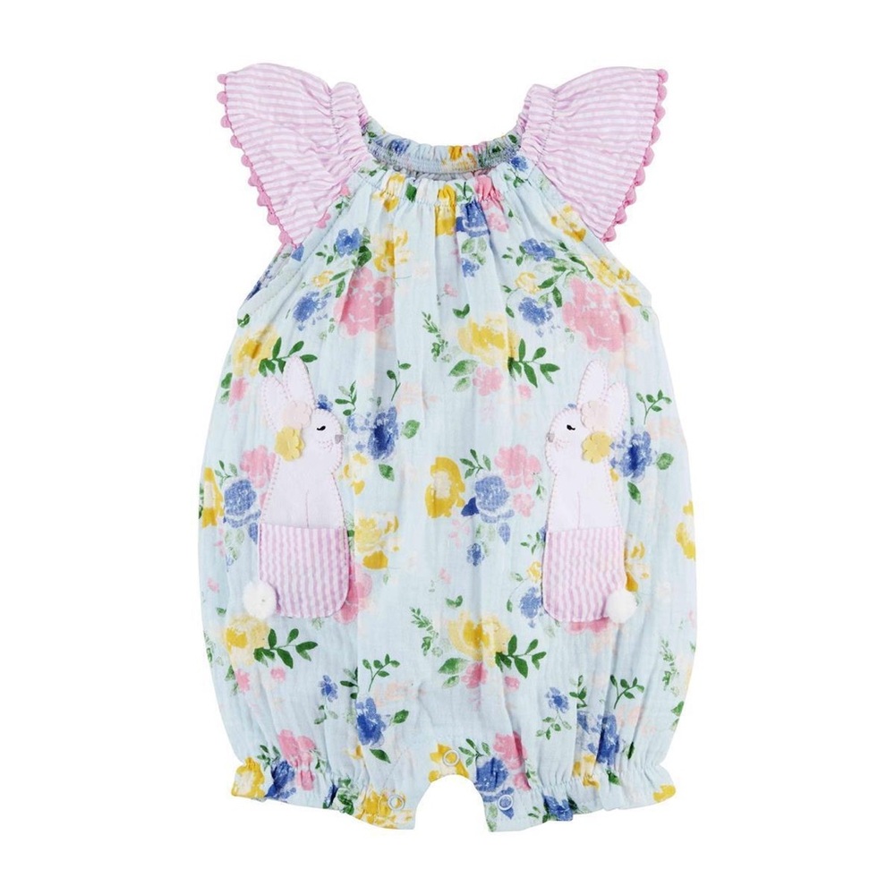 Easter • Mud Pie Blue and Pink Floral Bodysuit with Ruffle Sleeves